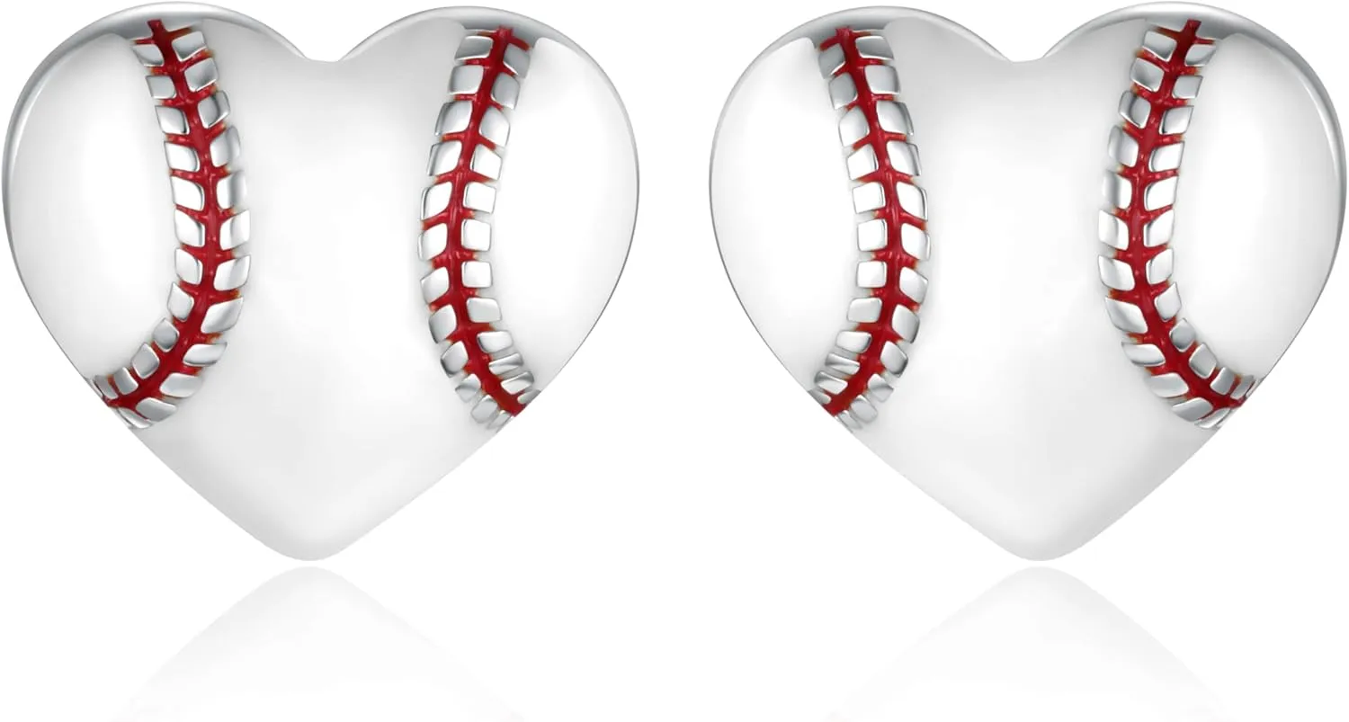 925 Sterling Silver Heart Softball Volleyball Earrings Stud Hypoallergenic Softball Mom Jewelry Gifts for Women Player Lover
