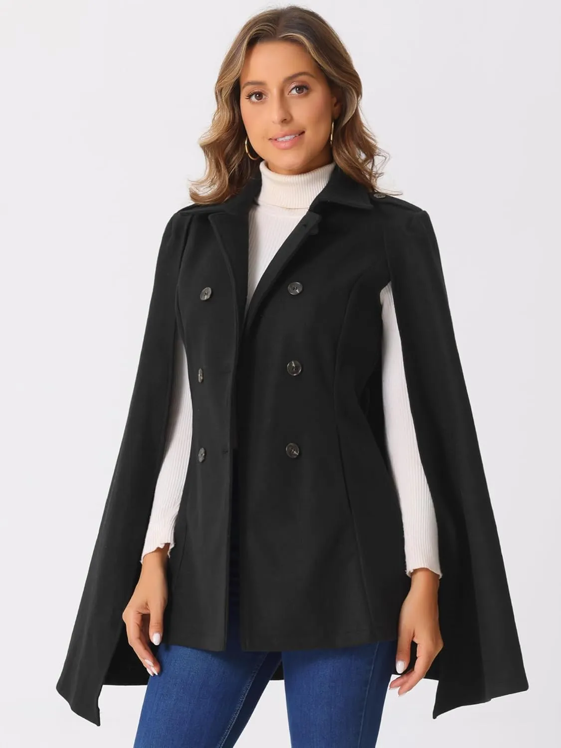 Allegra K Women's Cape Long Sleeve Coat Double Breasted Cloak Coat