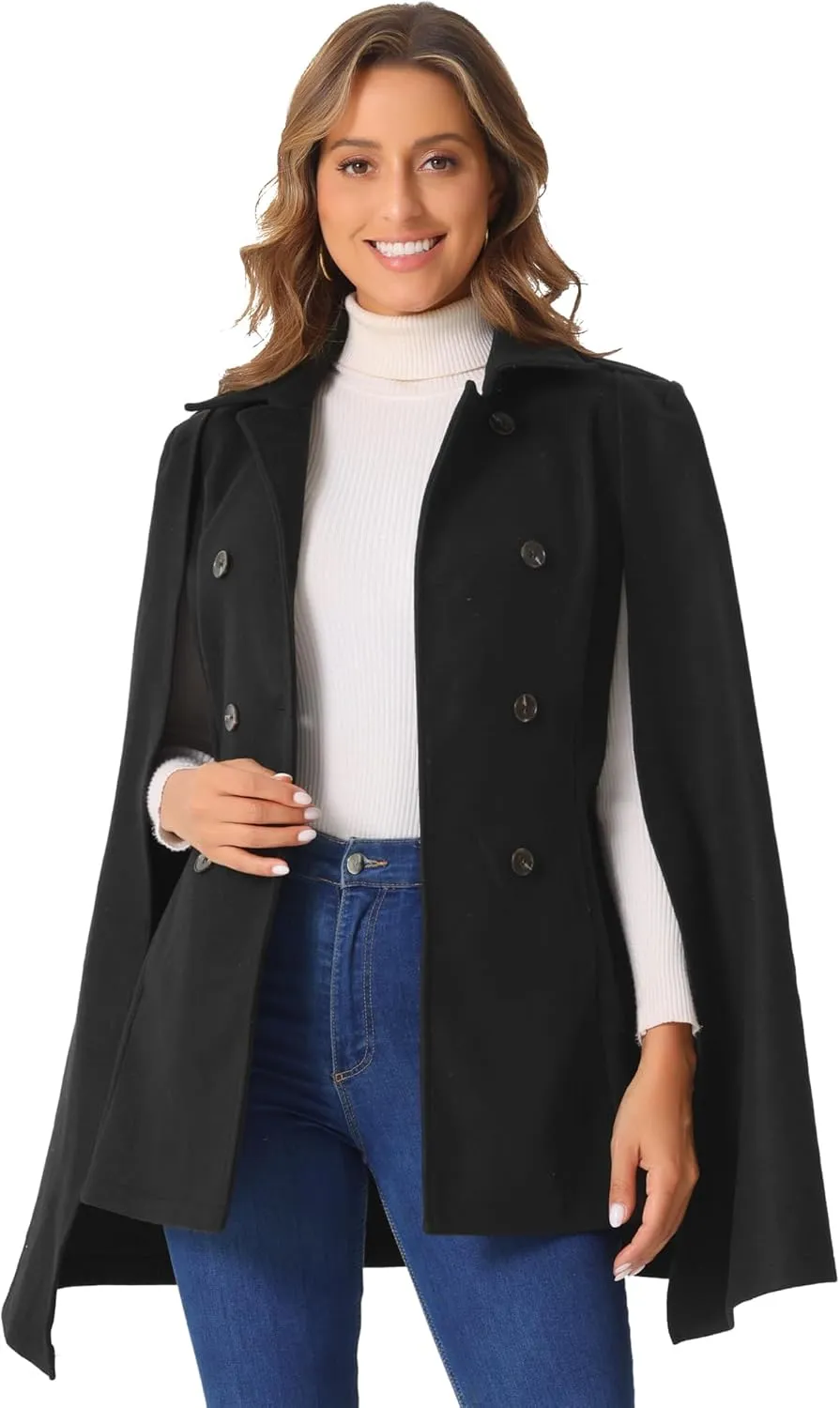 Allegra K Women's Cape Long Sleeve Coat Double Breasted Cloak Coat