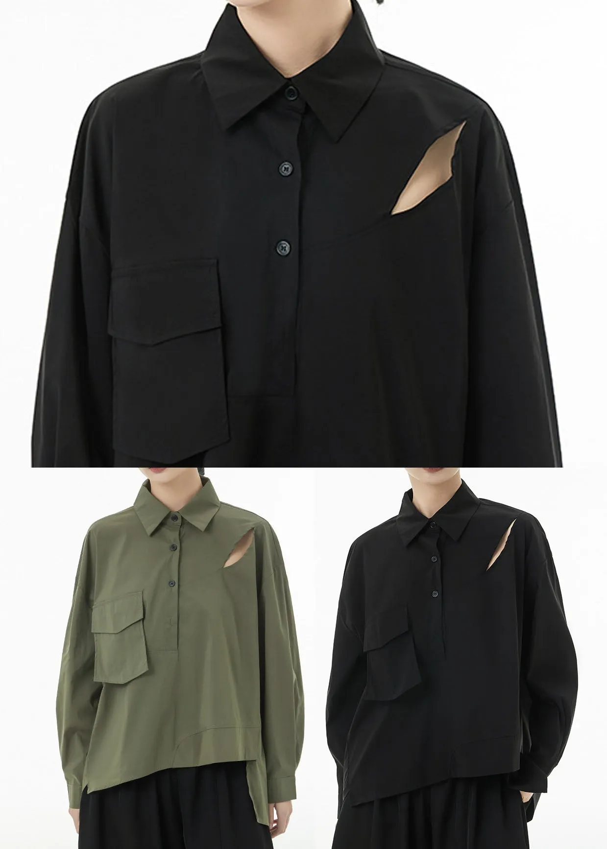Army Green Patchwork Cotton Ripped Shirts Asymmetrical Spring TS1069