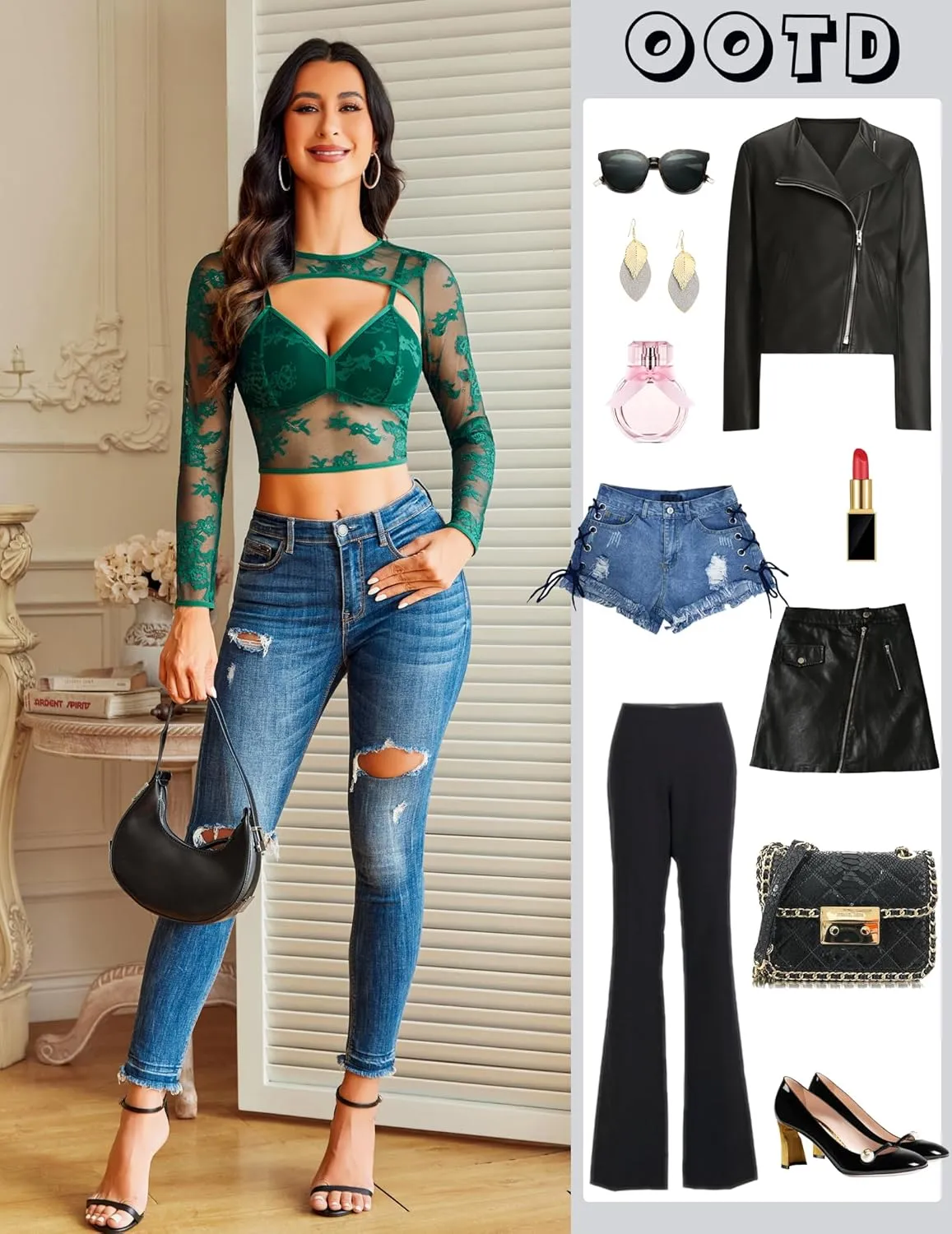 Avidlove Lace Top for Women Long Sleeve Mesh Top 2 Piece Cami Top with Shrug Crew Neck Tops Sheer Blouse See Through Crop Top