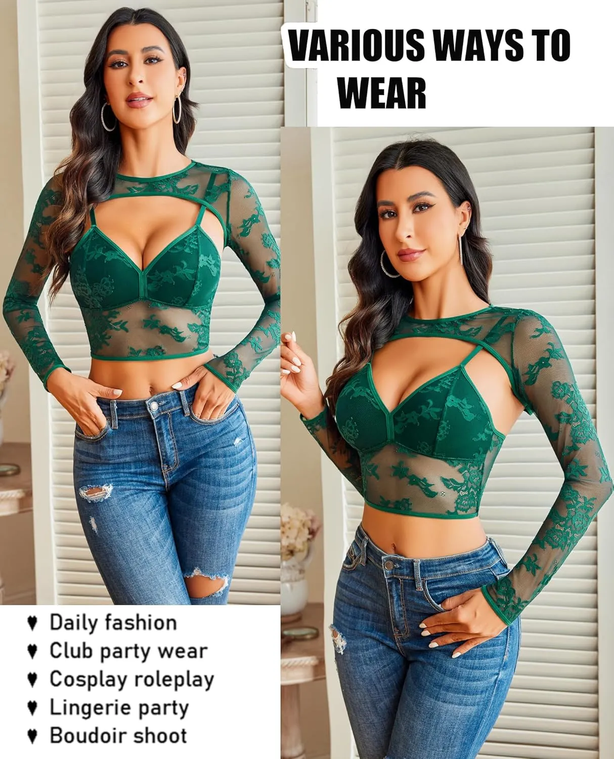 Avidlove Lace Top for Women Long Sleeve Mesh Top 2 Piece Cami Top with Shrug Crew Neck Tops Sheer Blouse See Through Crop Top