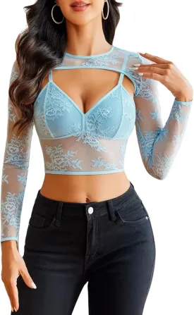 Avidlove Lace Top for Women Long Sleeve Mesh Top 2 Piece Cami Top with Shrug Crew Neck Tops Sheer Blouse See Through Crop Top