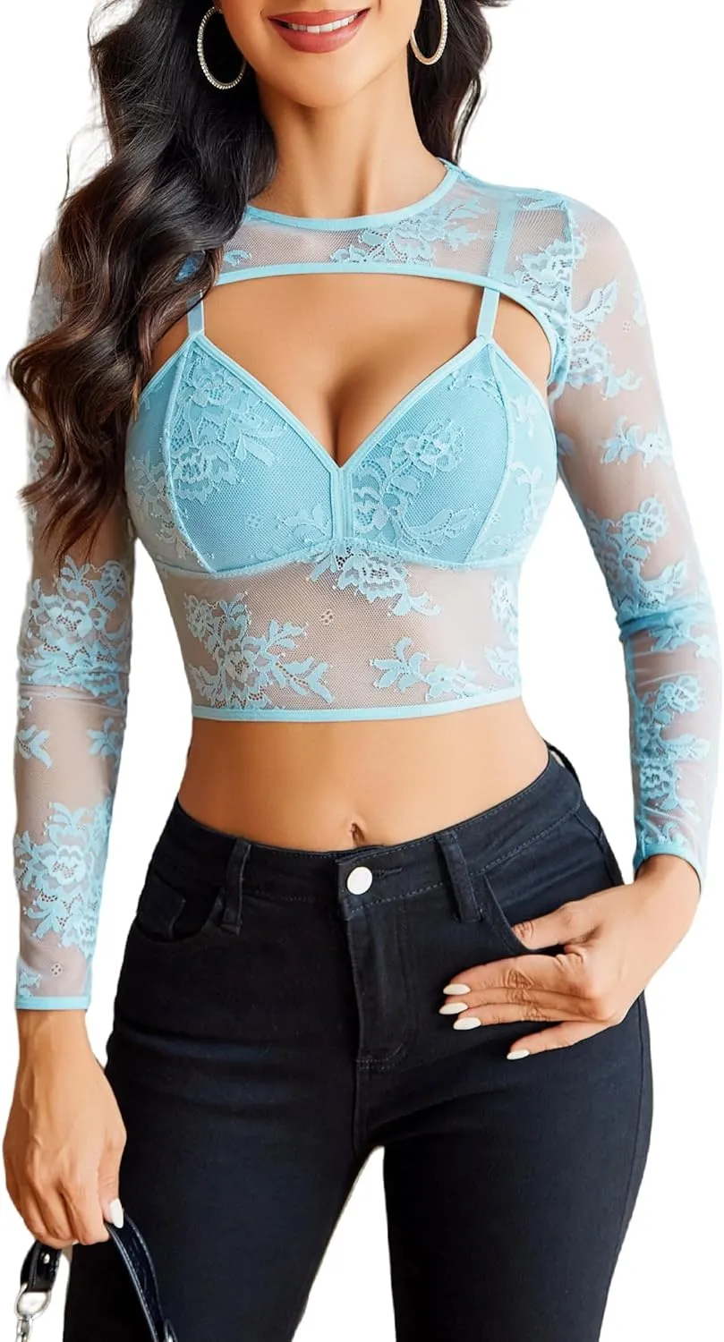 Avidlove Lace Top for Women Long Sleeve Mesh Top 2 Piece Cami Top with Shrug Crew Neck Tops Sheer Blouse See Through Crop Top