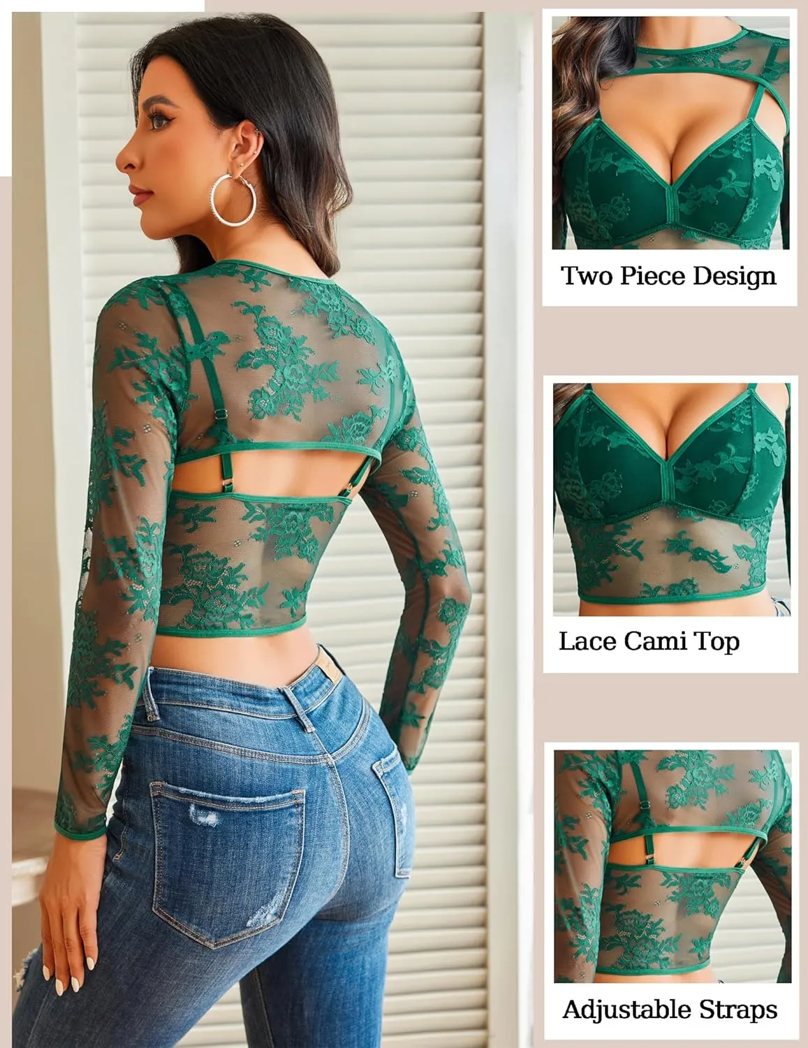 Avidlove Lace Top for Women Long Sleeve Mesh Top 2 Piece Cami Top with Shrug Crew Neck Tops Sheer Blouse See Through Crop Top