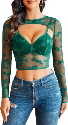 Avidlove Lace Top for Women Long Sleeve Mesh Top 2 Piece Cami Top with Shrug Crew Neck Tops Sheer Blouse See Through Crop Top