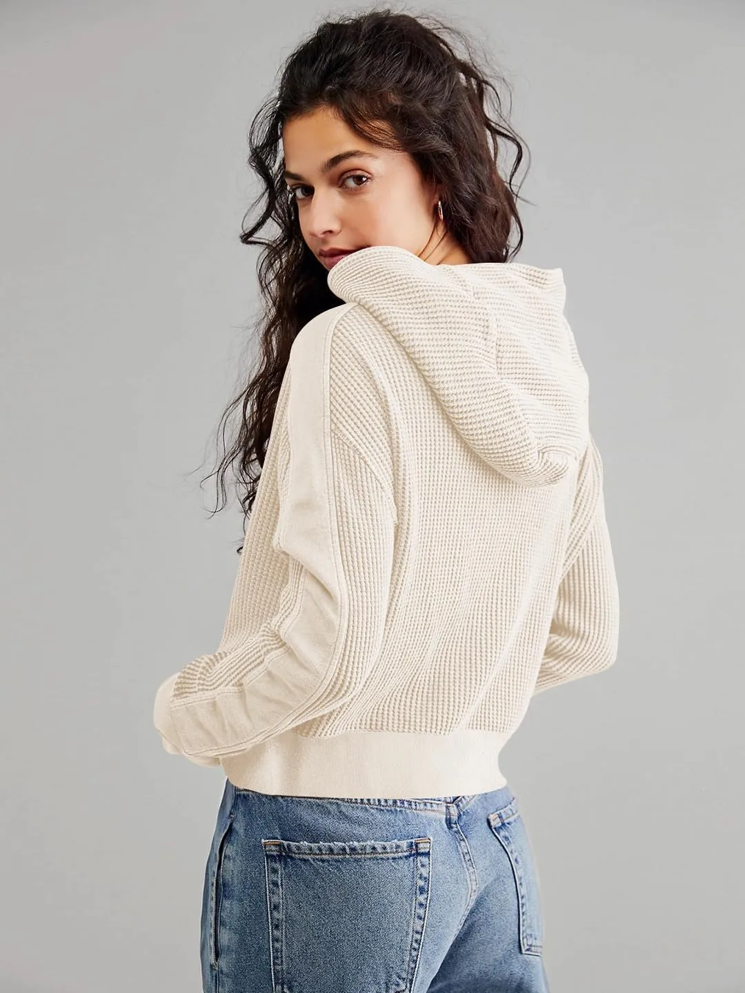 AZUKI Womens Hooded Long Sleeve Fit Activewear - Casual And Stylish Zip-Up Sweatshirt With Waffle Grid Fabric