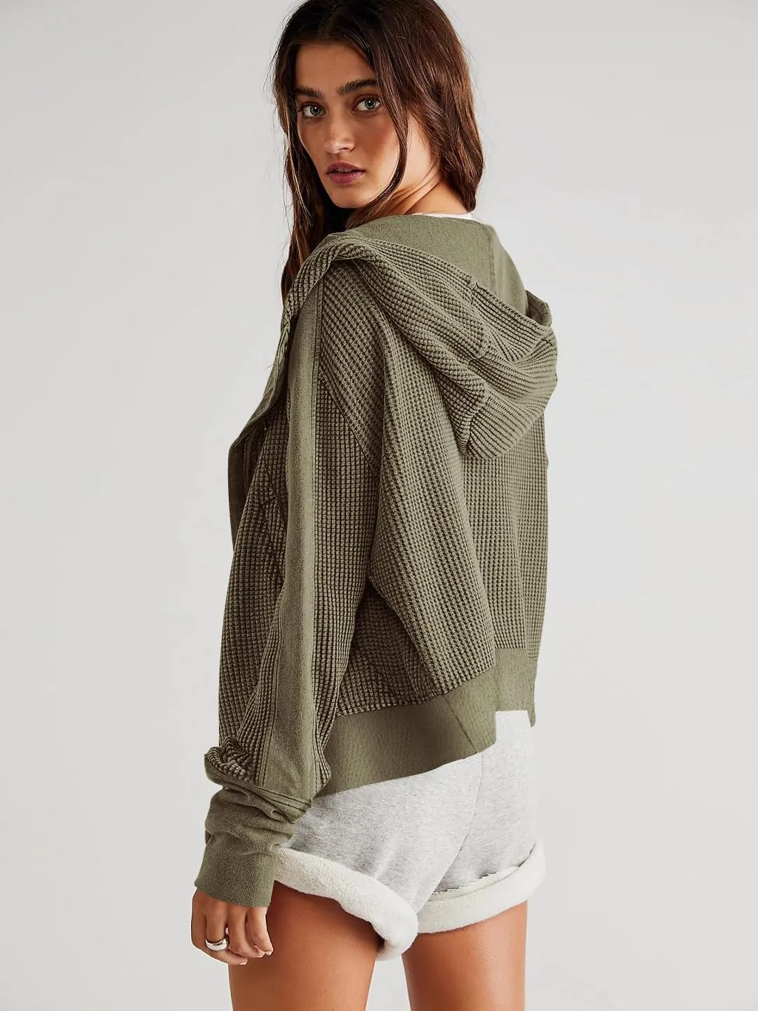 AZUKI Womens Hooded Long Sleeve Fit Activewear - Casual And Stylish Zip-Up Sweatshirt With Waffle Grid Fabric