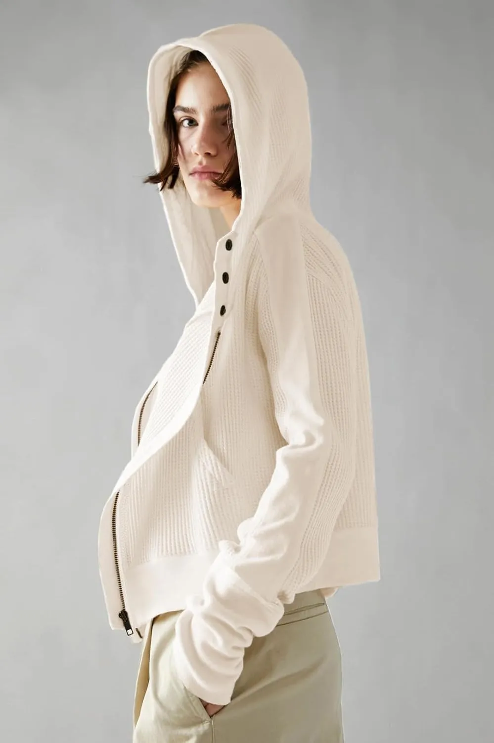 AZUKI Womens Hooded Long Sleeve Fit Activewear - Casual And Stylish Zip-Up Sweatshirt With Waffle Grid Fabric