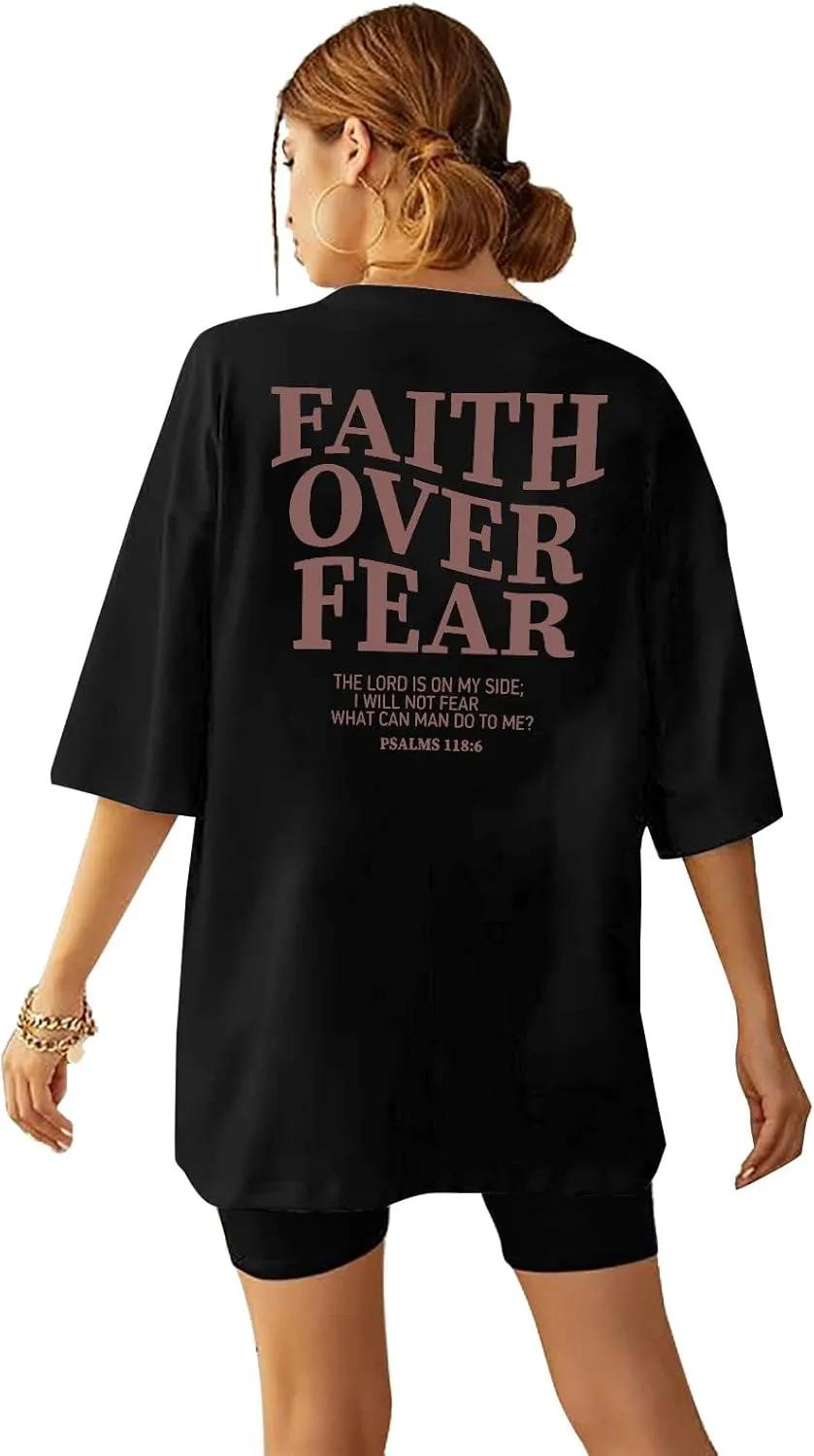 BANGELY Faith Over Fear Shirt Women Graphic Shirts Oversized Workout Gym Christian Religious Tees Drop Shoulder Tee Tops