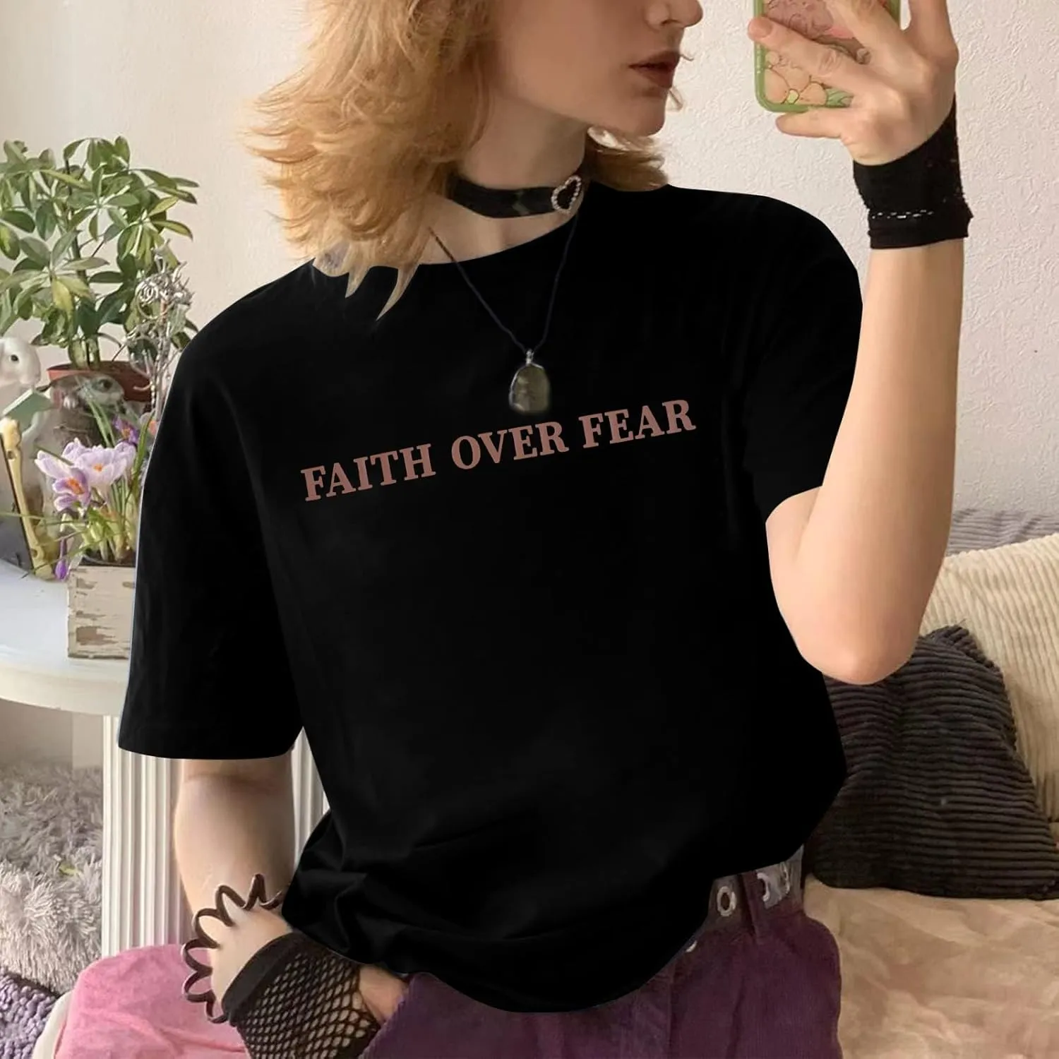 BANGELY Faith Over Fear Shirt Women Graphic Shirts Oversized Workout Gym Christian Religious Tees Drop Shoulder Tee Tops