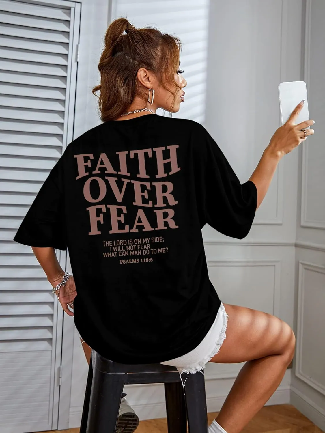 BANGELY Faith Over Fear Shirt Women Graphic Shirts Oversized Workout Gym Christian Religious Tees Drop Shoulder Tee Tops