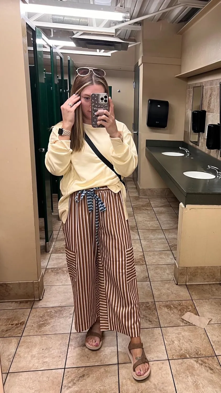 Bankeng Women Drawstring Striped Pants Loose Wide Leg Lounge Pants Casual Palazzo Pants Trousers with Pockets