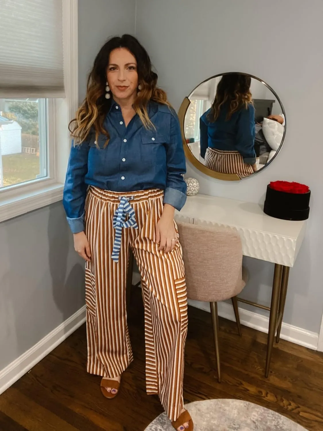 Bankeng Women Drawstring Striped Pants Loose Wide Leg Lounge Pants Casual Palazzo Pants Trousers with Pockets