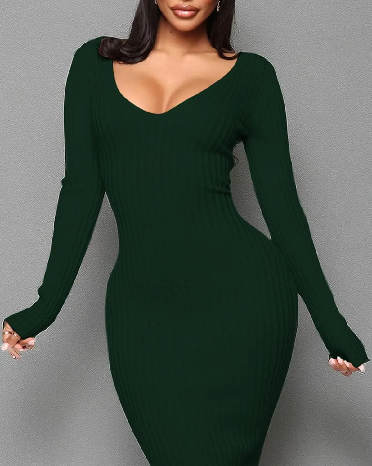 BestGirl Women's Sexy Ribbed Sweater Dresses Bodycon V Neck Off Shoulder Long Sleeve Lightweight Knit Midi Dress