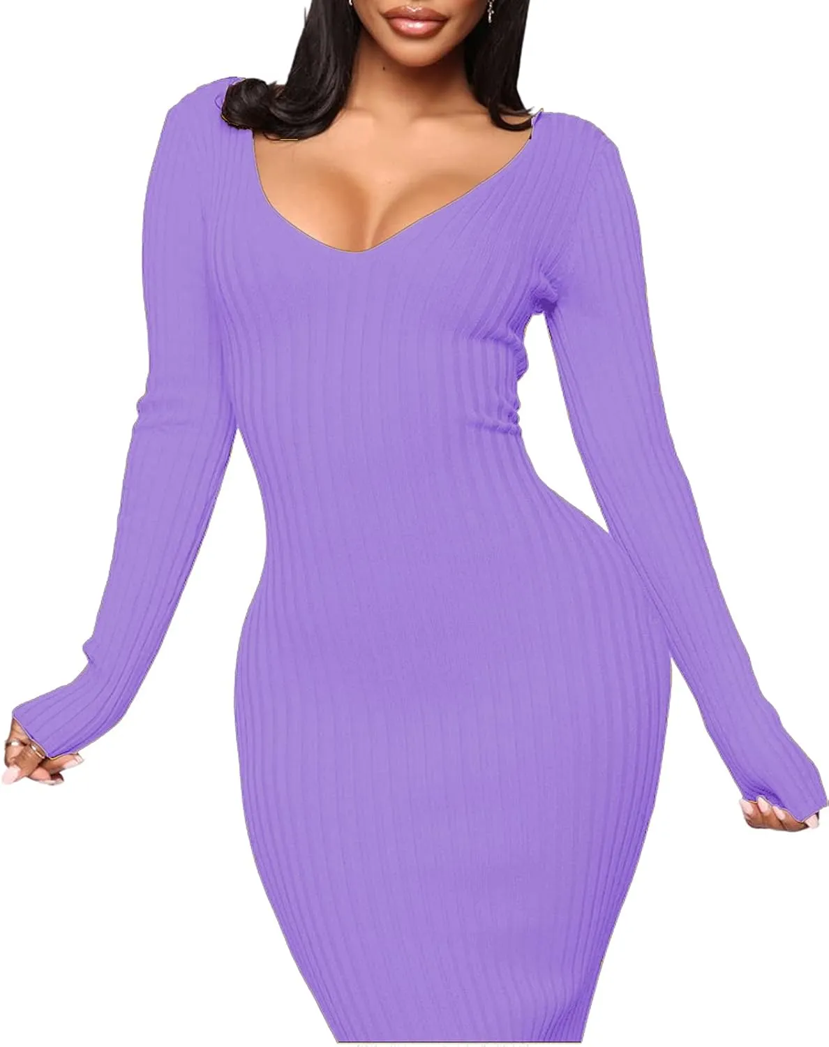 BestGirl Women's Sexy Ribbed Sweater Dresses Bodycon V Neck Off Shoulder Long Sleeve Lightweight Knit Midi Dress
