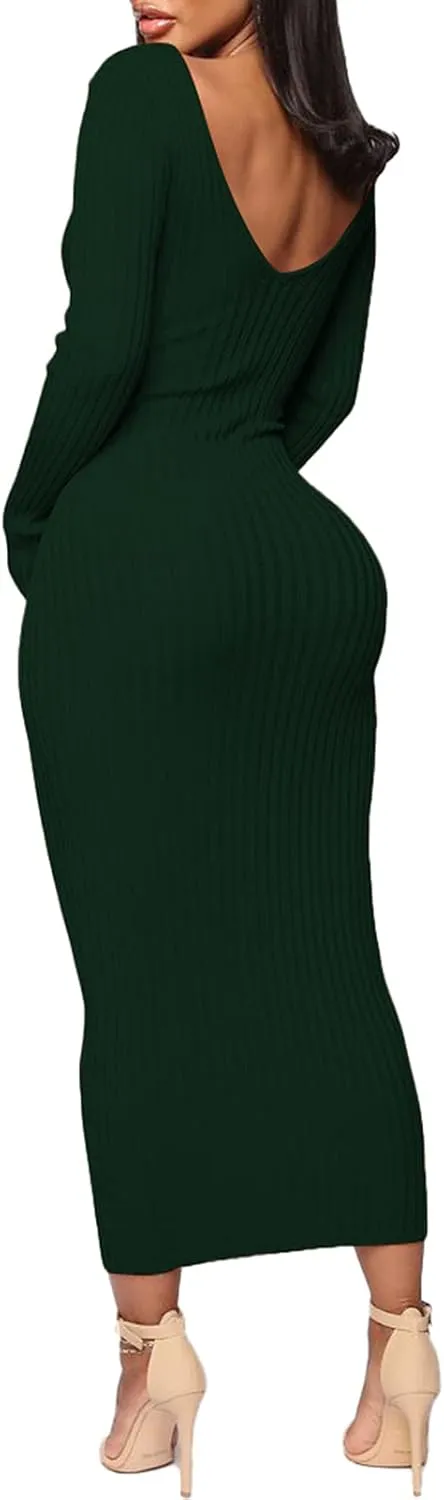 BestGirl Women's Sexy Ribbed Sweater Dresses Bodycon V Neck Off Shoulder Long Sleeve Lightweight Knit Midi Dress