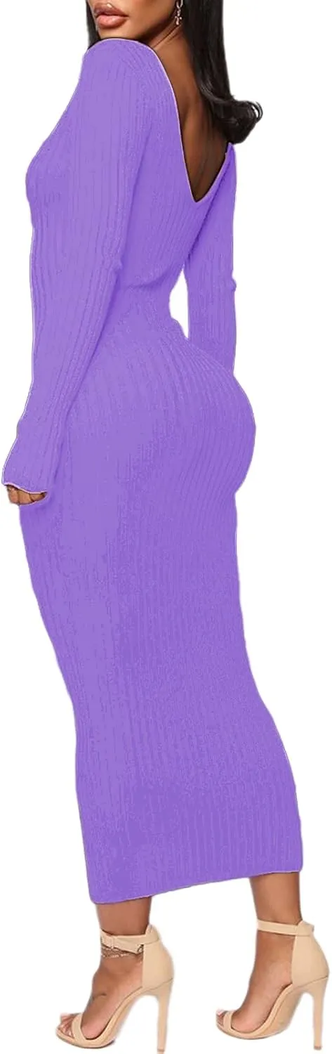 BestGirl Women's Sexy Ribbed Sweater Dresses Bodycon V Neck Off Shoulder Long Sleeve Lightweight Knit Midi Dress