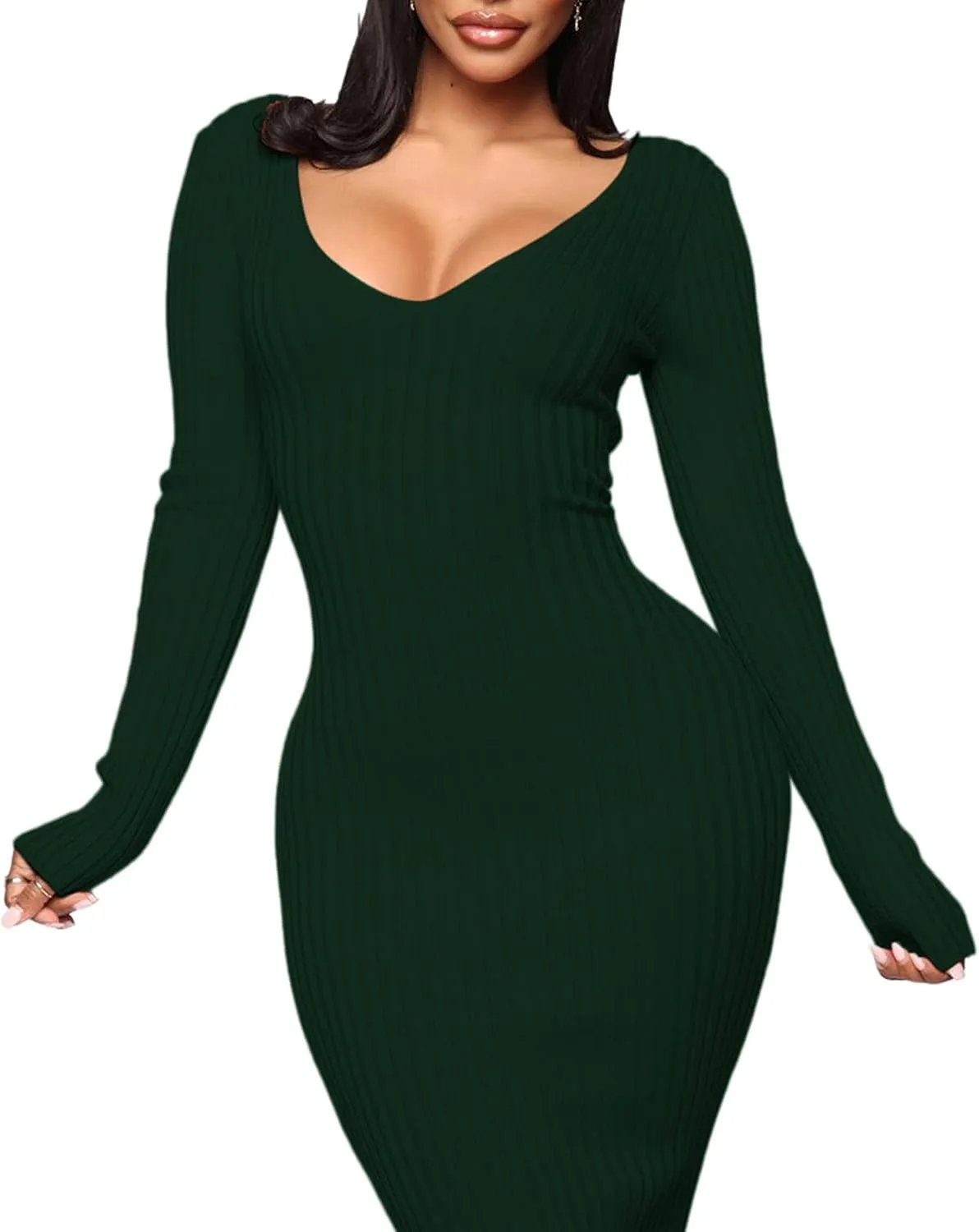 BestGirl Women's Sexy Ribbed Sweater Dresses Bodycon V Neck Off Shoulder Long Sleeve Lightweight Knit Midi Dress