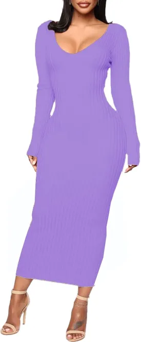 BestGirl Women's Sexy Ribbed Sweater Dresses Bodycon V Neck Off Shoulder Long Sleeve Lightweight Knit Midi Dress