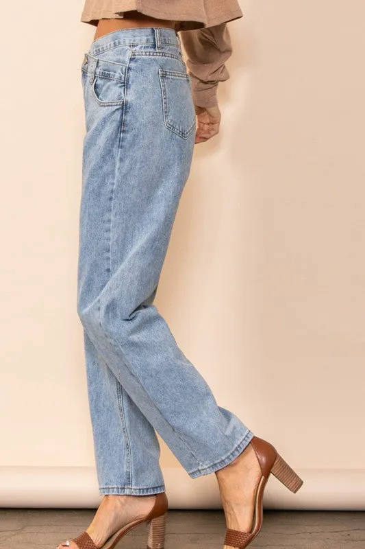 Blue Denim Button Detailed Vintage Washed Straight Leg Jeans