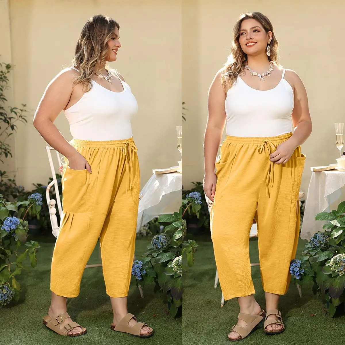 CARCOS Plus Size Pants Womens Summer Palazzo Harem Pants Drawstring Lantern Beach Pant Ankle Vacation Pant with Pocket Xl-5XL