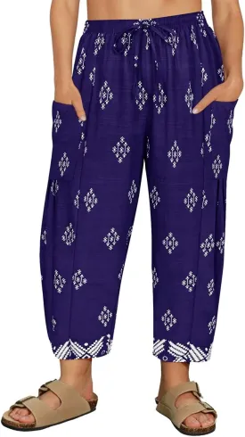 CARCOS Plus Size Pants Womens Summer Palazzo Harem Pants Drawstring Lantern Beach Pant Ankle Vacation Pant with Pocket Xl-5XL