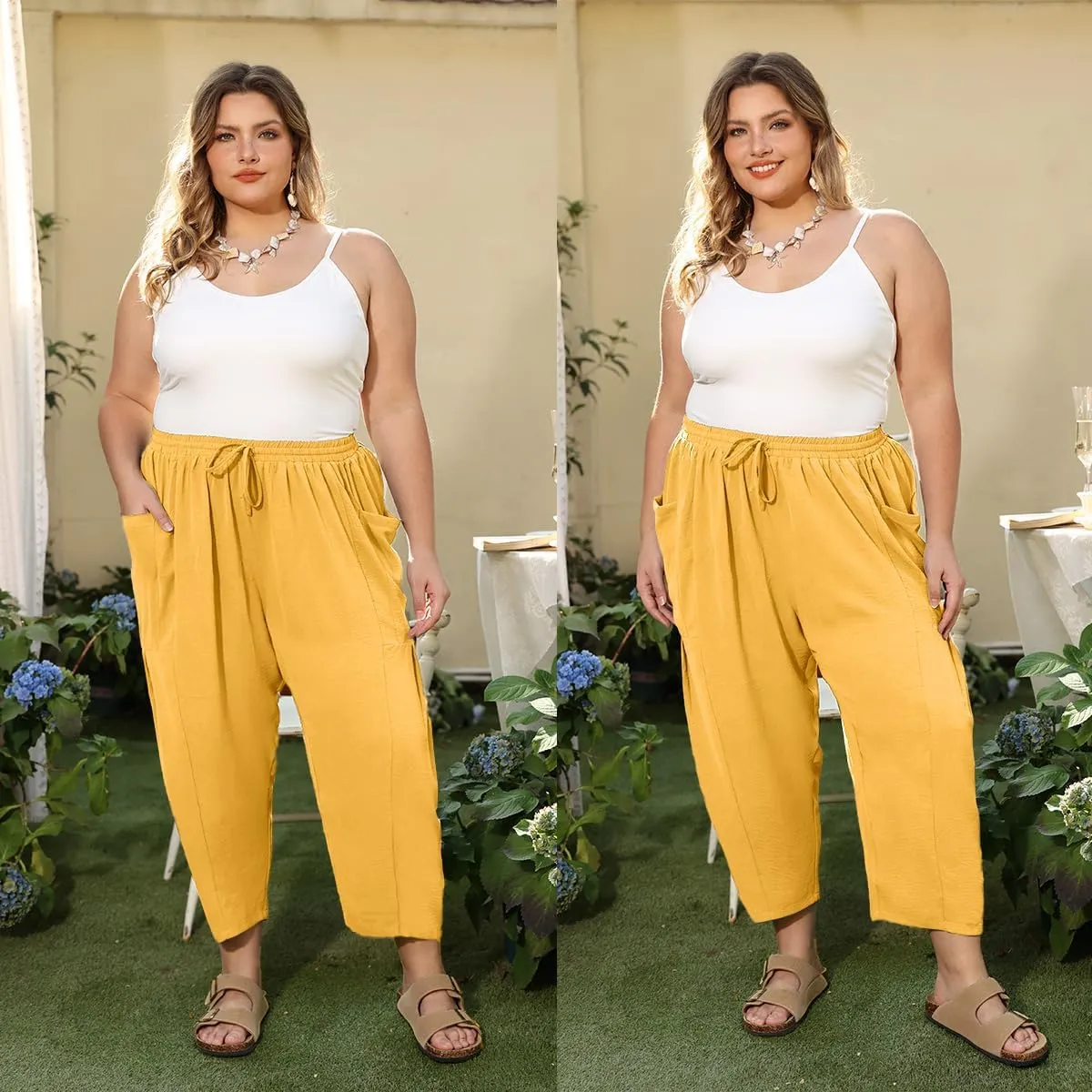 CARCOS Plus Size Pants Womens Summer Palazzo Harem Pants Drawstring Lantern Beach Pant Ankle Vacation Pant with Pocket Xl-5XL