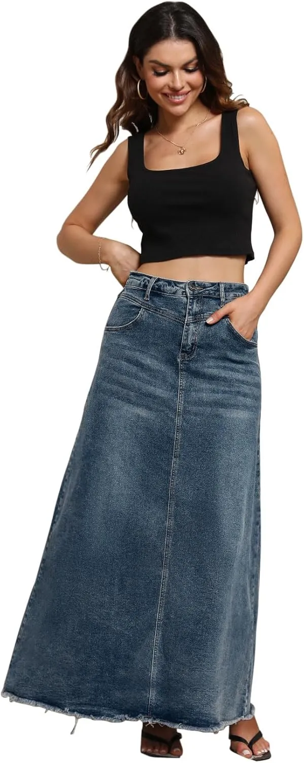 CHARTOU Women Vintage Denim Maxi Skirt Frayed Raw Hem High Waist A-Line Long Jean Skirt