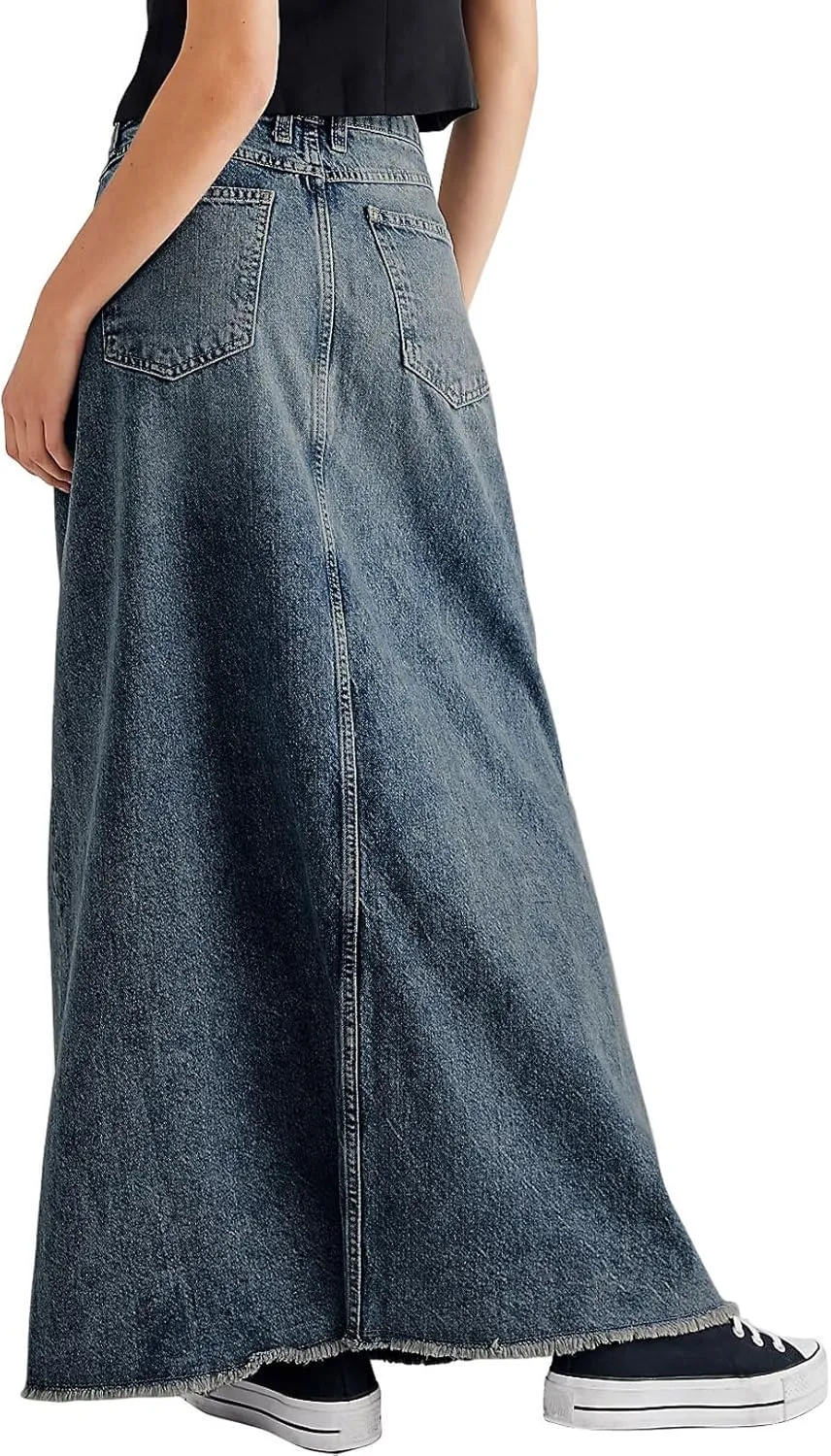 CHARTOU Women Vintage Denim Maxi Skirt Frayed Raw Hem High Waist A-Line Long Jean Skirt