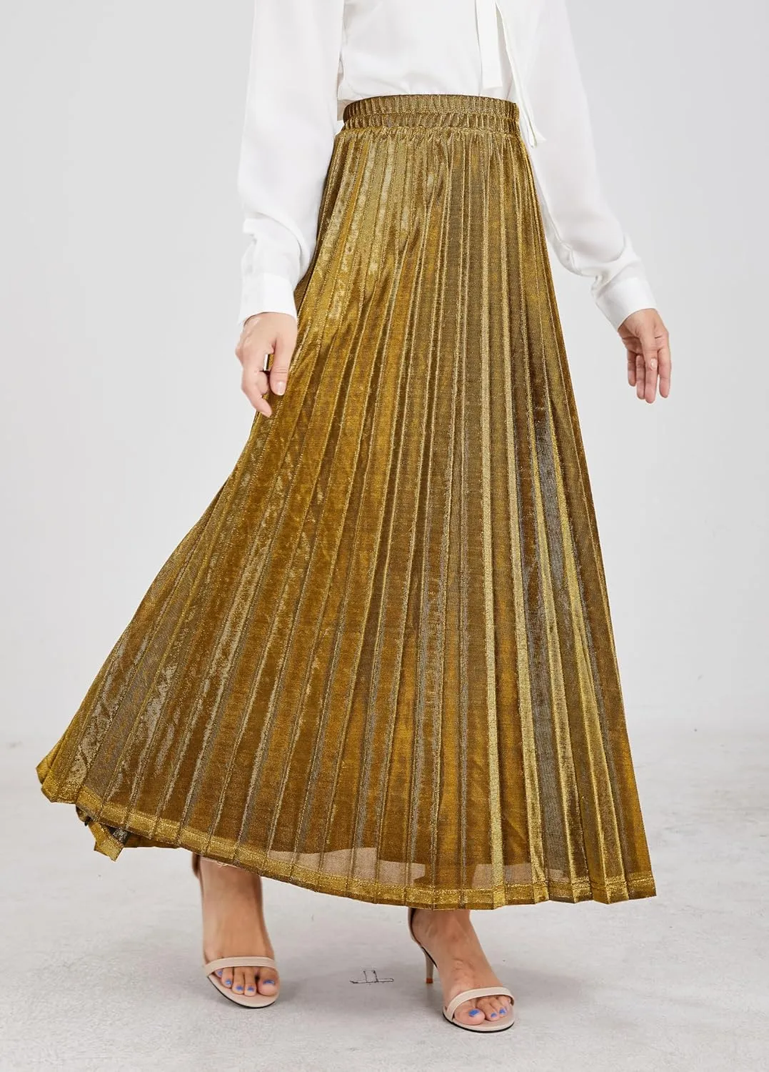 CHARTOU Women's Premium Metallic Shiny Shimmer Accordion Pleated Long Maxi Skirt