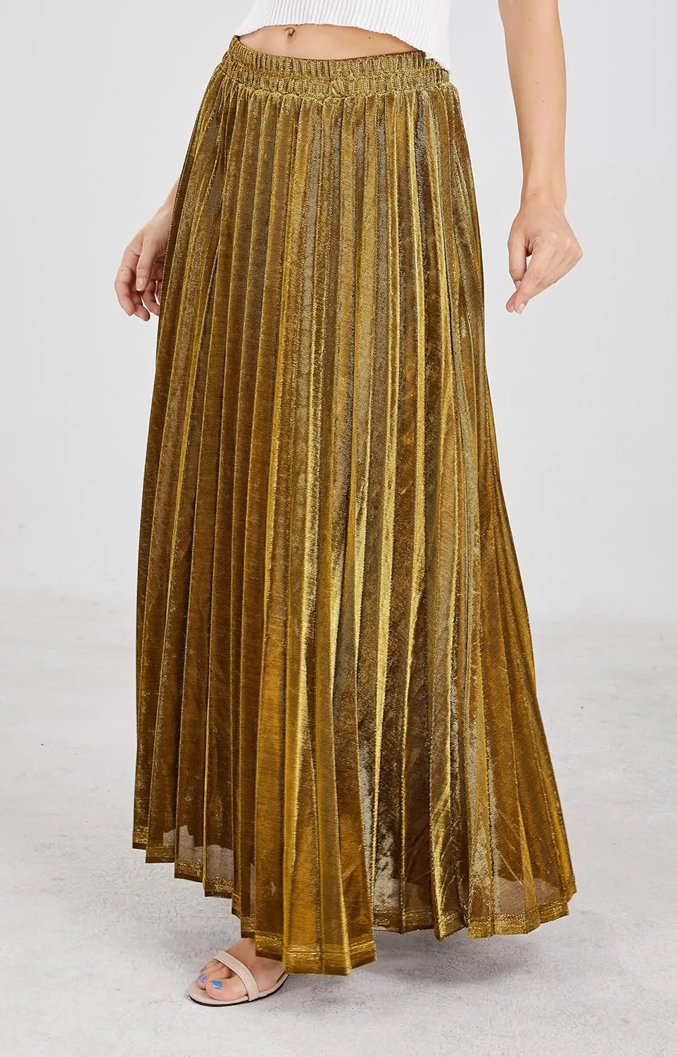 CHARTOU Women's Premium Metallic Shiny Shimmer Accordion Pleated Long Maxi Skirt