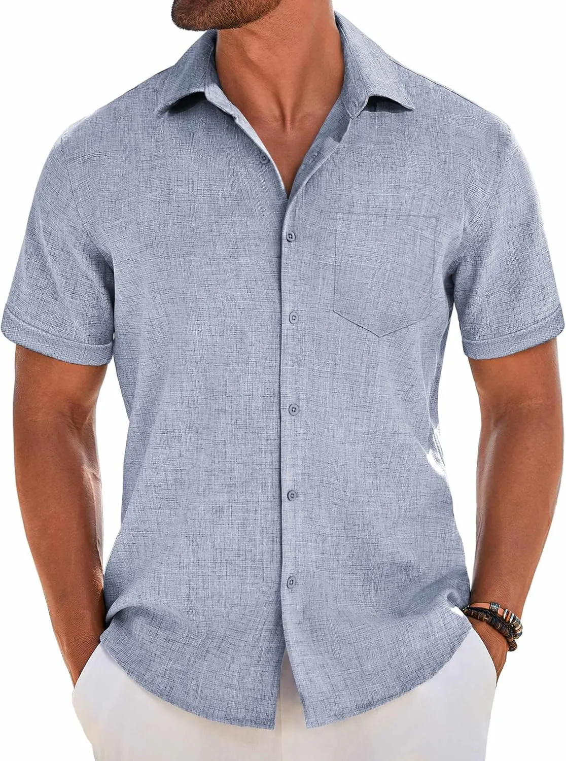 COOFANDY Men's Short Sleeve Button Down Shirt Casual Linen Shirts Summer Beach Vacation Shirt with Pocket