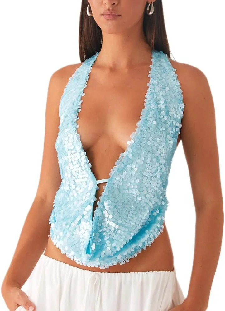 DSORVICD Women Y2k Sequin Cami Top Sexy Sparkly Sleeveless Backless Halter Top Summer Going Out Top Glitter Camisole Clubwear