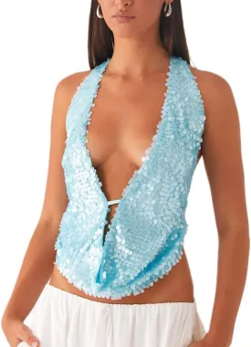 DSORVICD Women Y2k Sequin Cami Top Sexy Sparkly Sleeveless Backless Halter Top Summer Going Out Top Glitter Camisole Clubwear