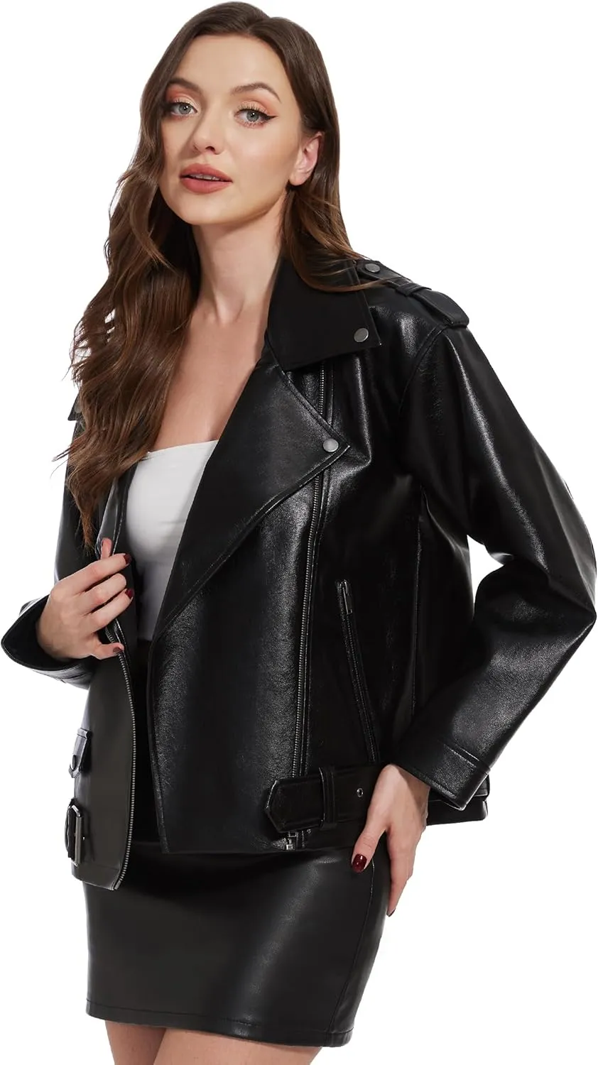 Fahsyee Women's Leather Jackets, Faux Motorcycle Biker Coat Short Lightweight Vegan