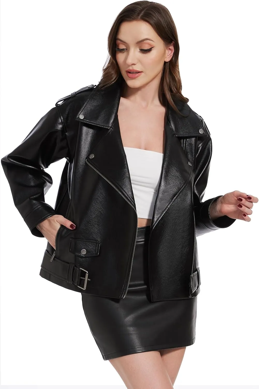 Fahsyee Women's Leather Jackets, Faux Motorcycle Biker Coat Short Lightweight Vegan