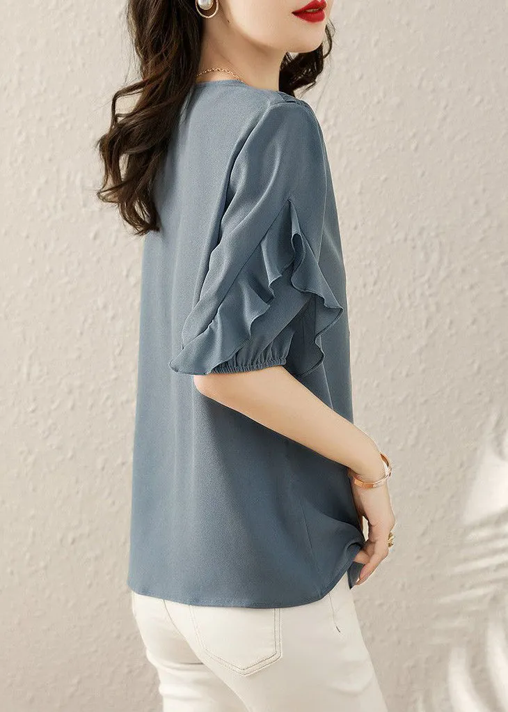 French Blue V Neck Ruffled Patchwork Shirts Short Sleeve TR022