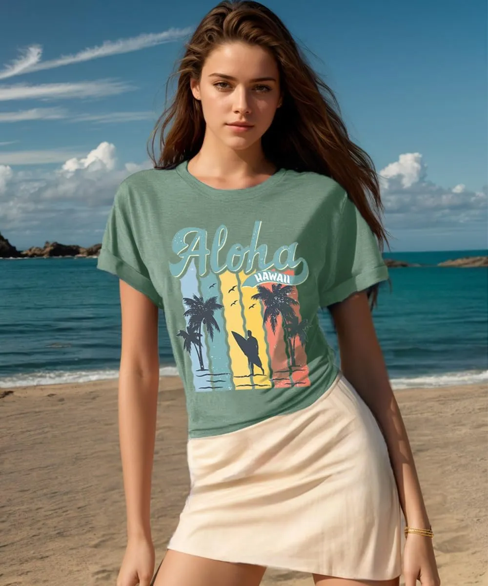 Hawaiian T Shirts for Women Aloha Hawaii Graphic Tshirt Fun Summer Vacation Beach Tee Top