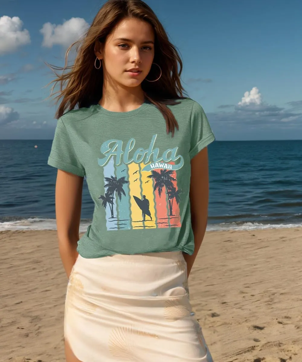 Hawaiian T Shirts for Women Aloha Hawaii Graphic Tshirt Fun Summer Vacation Beach Tee Top