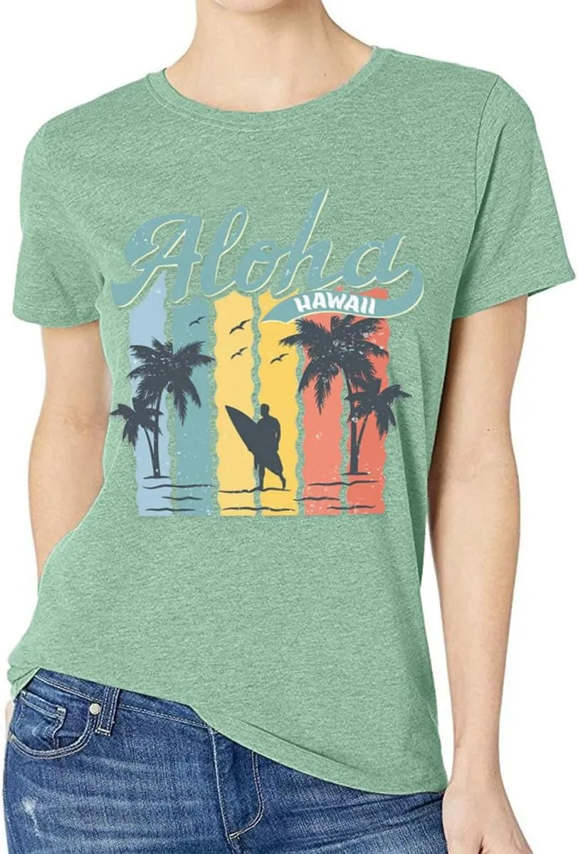 Hawaiian T Shirts for Women Aloha Hawaii Graphic Tshirt Fun Summer Vacation Beach Tee Top