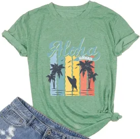 Hawaiian T Shirts for Women Aloha Hawaii Graphic Tshirt Fun Summer Vacation Beach Tee Top