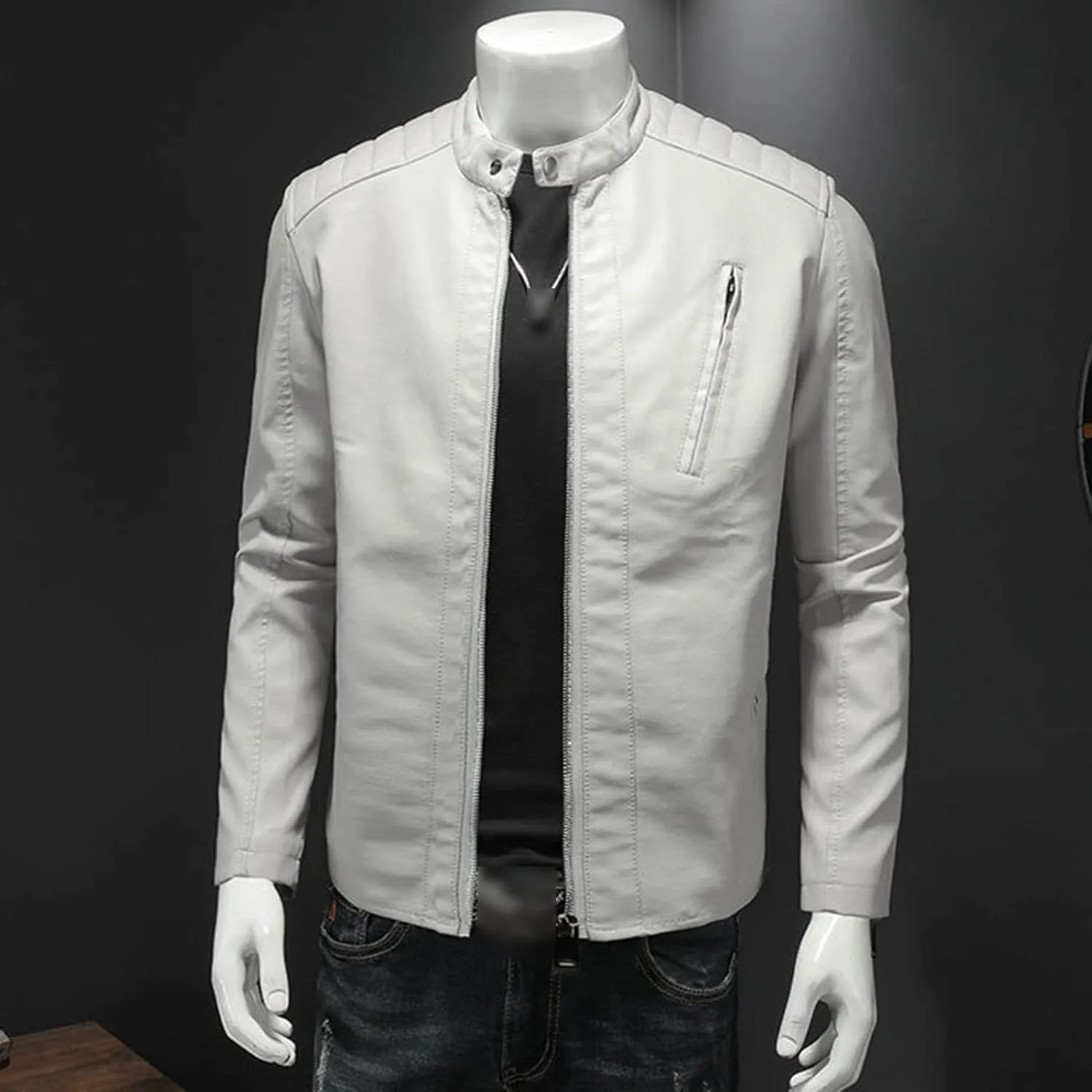 JEShifangjiusu Men'S Winter Thicken Coat Outwear Lightweight Military Parka Jacket Stand Collar Bomber Faux Leather Jacket