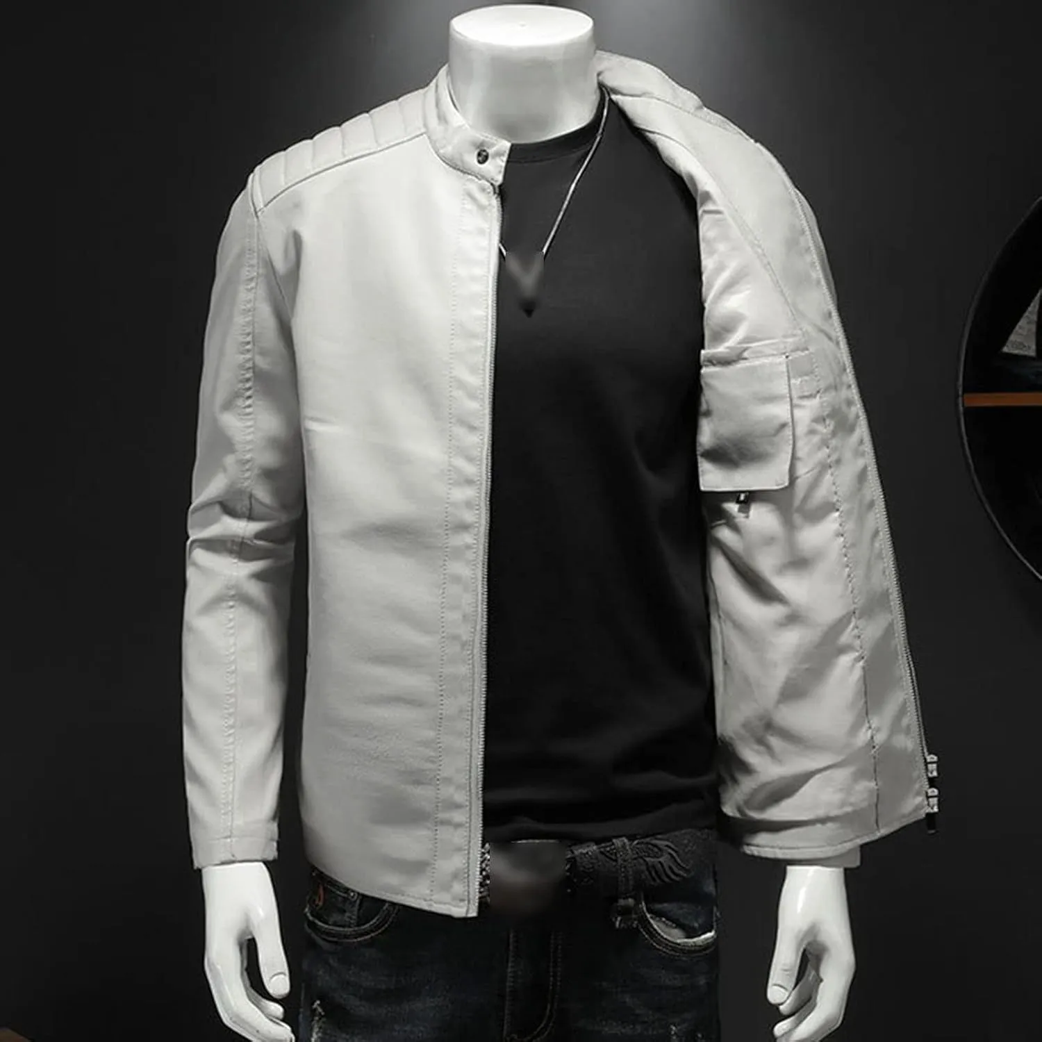 JEShifangjiusu Men'S Winter Thicken Coat Outwear Lightweight Military Parka Jacket Stand Collar Bomber Faux Leather Jacket