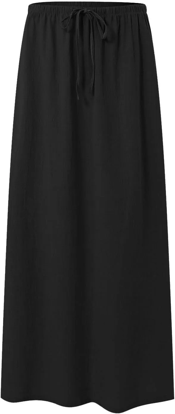 Linen Maxi Skirts for Women Trendy Summer Comfy Drawstring Waist A Line Skirts Cute Vacation Boho Long Flowy Skirt