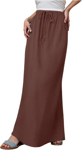 Linen Maxi Skirts for Women Trendy Summer Comfy Drawstring Waist A Line Skirts Cute Vacation Boho Long Flowy Skirt