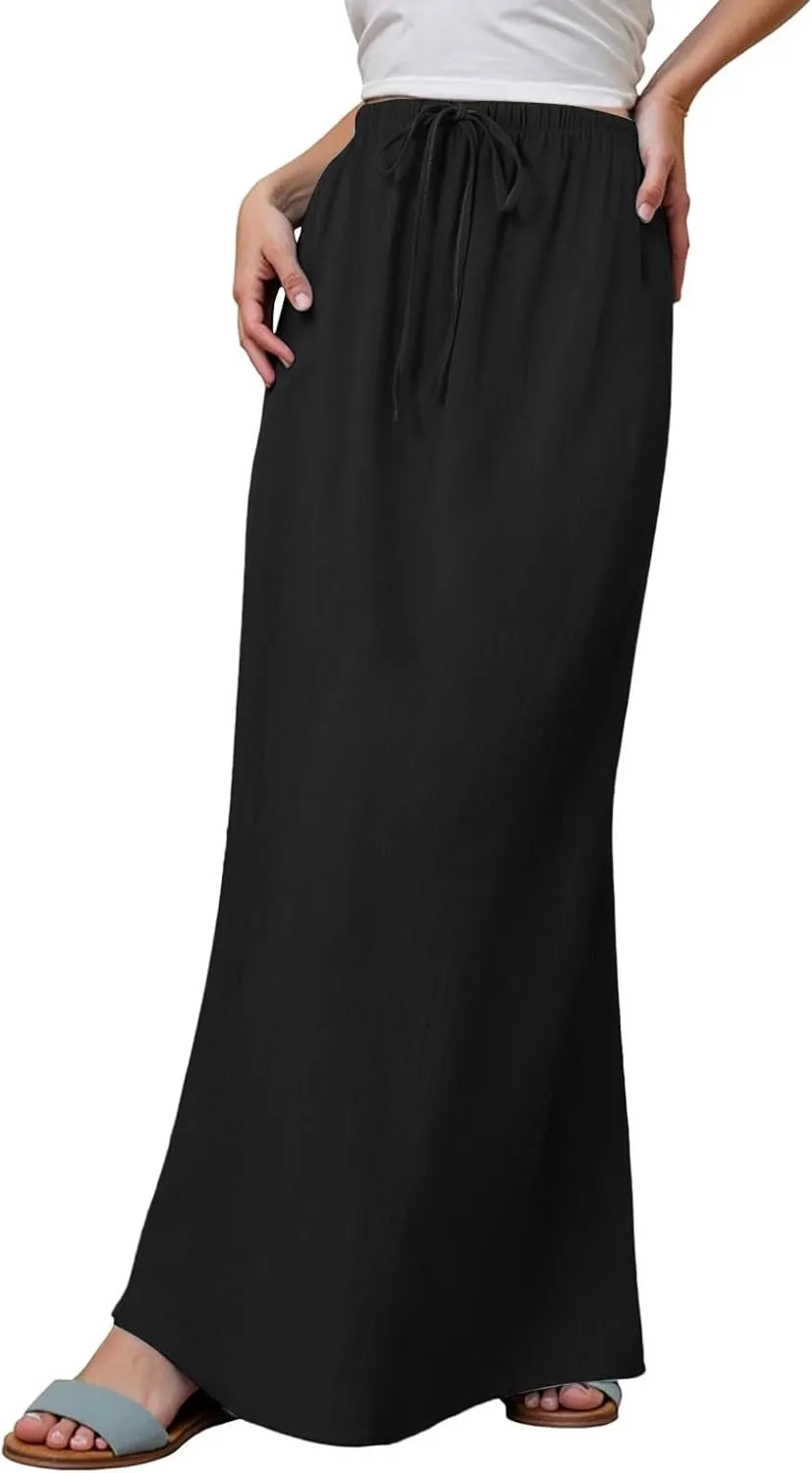 Linen Maxi Skirts for Women Trendy Summer Comfy Drawstring Waist A Line Skirts Cute Vacation Boho Long Flowy Skirt