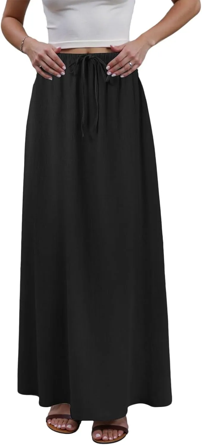 Linen Maxi Skirts for Women Trendy Summer Comfy Drawstring Waist A Line Skirts Cute Vacation Boho Long Flowy Skirt