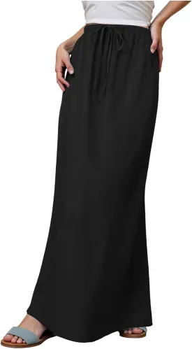 Linen Maxi Skirts for Women Trendy Summer Comfy Drawstring Waist A Line Skirts Cute Vacation Boho Long Flowy Skirt