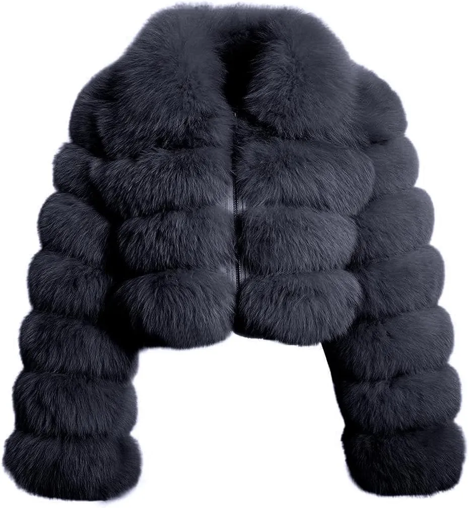 loveimgs Women Fluffy Faux Fur Coat Cropped Jacket Puffer Jacket Zip Up Winter Warm Fuzzy Teddy Jacket